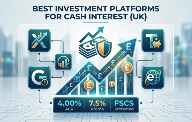 Graphic showing UK investment platforms for cash interest. Features icons, a rising chart with pound symbols, 4.00% AER, 7.5% promo, FSCS protected.