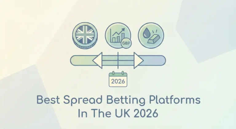 Three icons representing the UK flag, financial growth, and oil are above the text "Best Spread Betting Platforms In The UK 2026" on a light background.