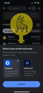 Coinbase mobile app screen prompting user to select between basic mode and advanced trading mode