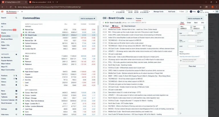 The Investors Centre, Jan 2026, IG Trading Platform desktop screenshot showing the commodities market with Brent Crude Oil futures selected, featuring live pricing alongside a real-time market news feed and trading controls.