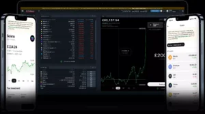 The image shows a dark-themed cryptocurrency trading interface on a laptop with two smartphones displaying trading apps. Graphs and prices suggest active trades.