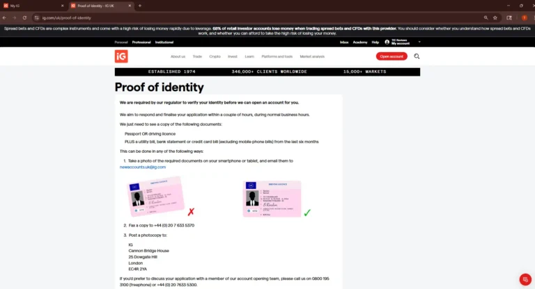 IG proof of identity page showing required documents for account verification, including passport or driving licence and address confirmation.