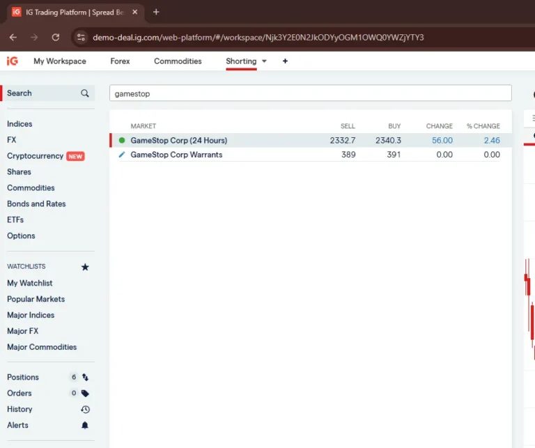 IG trading platform search results showing GameStop Corp available for short selling, with sell and buy prices displayed