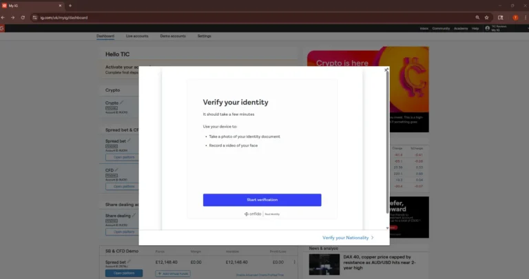 Trading account identity verification screen showing ID and facial verification steps required to open an account with a UK trading platform.