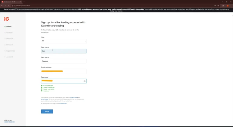 The Investors Centre, Jan 2026, IG account creation page showing the profile stage of the sign-up process, where users enter their name, email address, and password to create a live trading account.