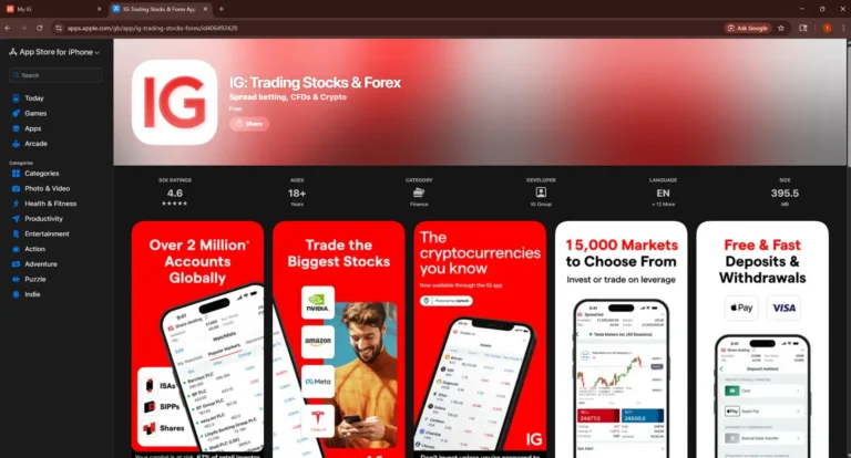 IG trading app on the Apple App Store showing stock, forex and CFD trading features, market access and mobile trading tools for UK investors.