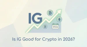 Image with a rising green arrow labeled 'IG' and cryptocurrency symbols for Bitcoin and Ethereum. A calendar shows '2026.' Text asks, 'Is IG Good for Crypto in 2026?'
