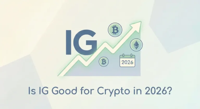 Image with a rising green arrow labeled 'IG' and cryptocurrency symbols for Bitcoin and Ethereum. A calendar shows '2026.' Text asks, 'Is IG Good for Crypto in 2026?'