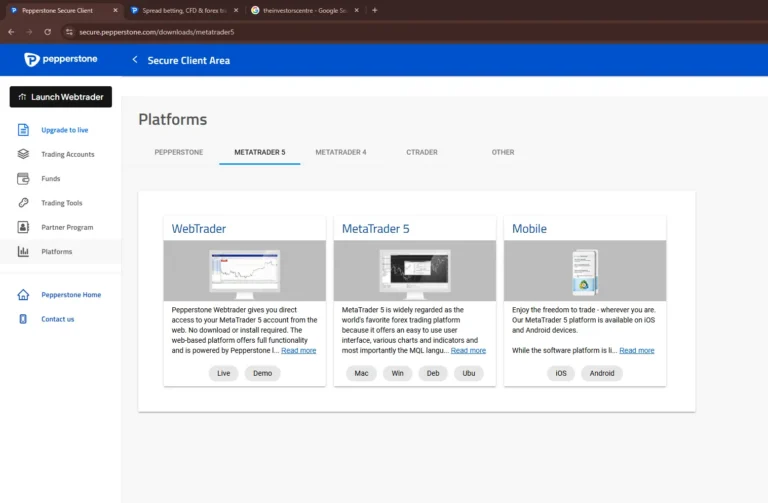 Pepperstone client dashboard displaying WebTrader, MetaTrader 5, and mobile trading platform options.