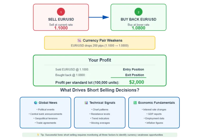 Diagram explaining short selling in forex using a EUR/USD example, showing how traders profit from falling exchange rates