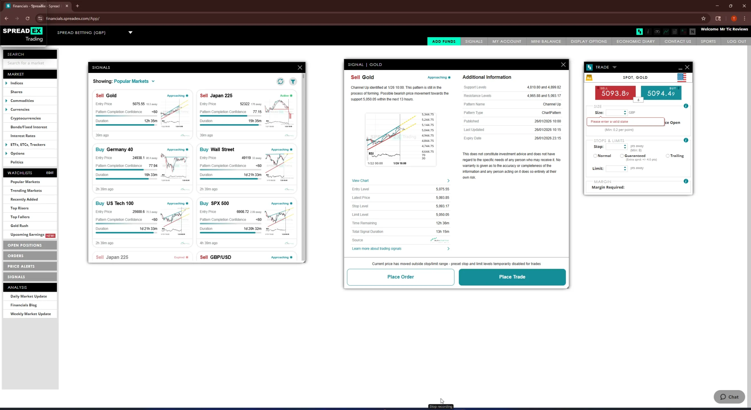 SpreadEX web trading platform showing FTSE 100 price chart and order entry panel.