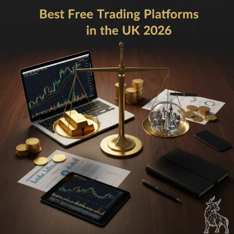 A high-angle flat lay photograph on a dark executive desk featuring a laptop displaying candlestick charts, a golden balancing scale with gold bars and a city globe, stacks of gold coins, business documents, a tablet, and a smartphone. The image, titled "Best Free Trading Platforms in the UK 2026", evokes wealth, strategic planning, and modern finance.