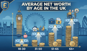 An infographic chart illustrating the average net worth growth by age group in the UK, featuring stacks of British pound coins, icons for housing and retirement, and the London skyline in the background.