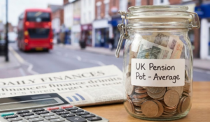 An infographic illustrating the average UK pension pot by age group in 2026, showing stacks of gold pound coins, a retirement planning folder, and a senior couple enjoying a city view.