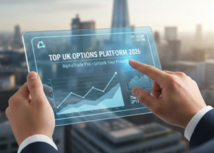 Professional trader using a digital interface to analyze the best options trading platforms in the UK for 2026, featuring the London skyline and financial charts.