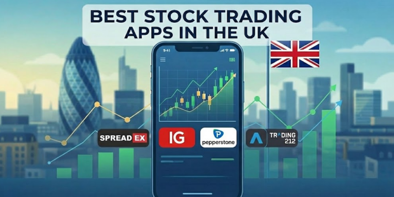 Chart comparing the best stock trading apps in the UK, featuring Spreadex, IG, Pepperstone, and Trading 212 against a London skyline background.
