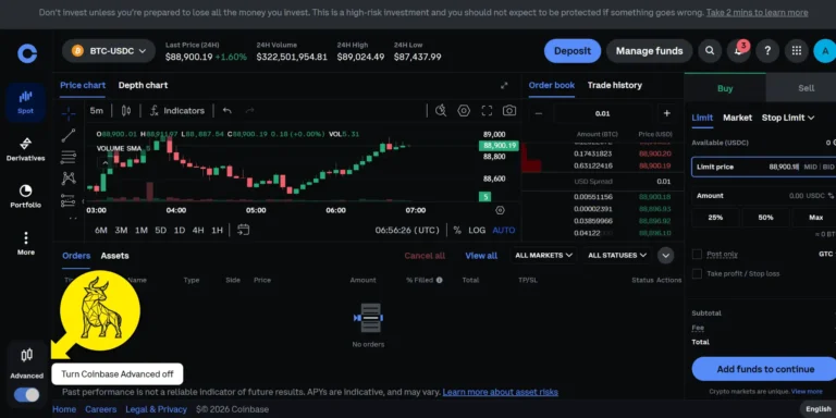 Coinbase Advanced trading interface displaying Bitcoin USDC candlestick chart, order book, and limit order options