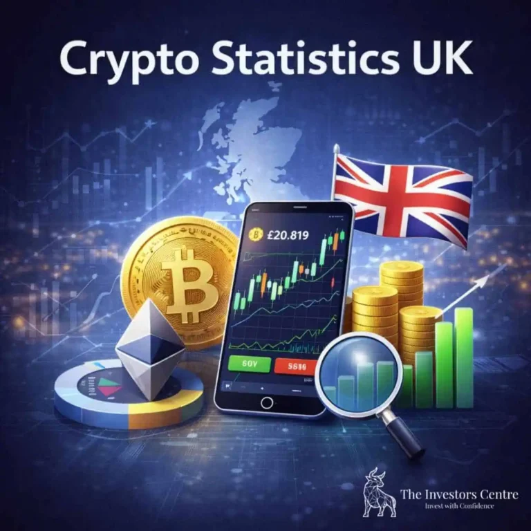 Illustration showing cryptocurrency statistics in the UK, with Bitcoin and Ethereum symbols, price charts, and UK market data visuals. Includes TIC Logo.