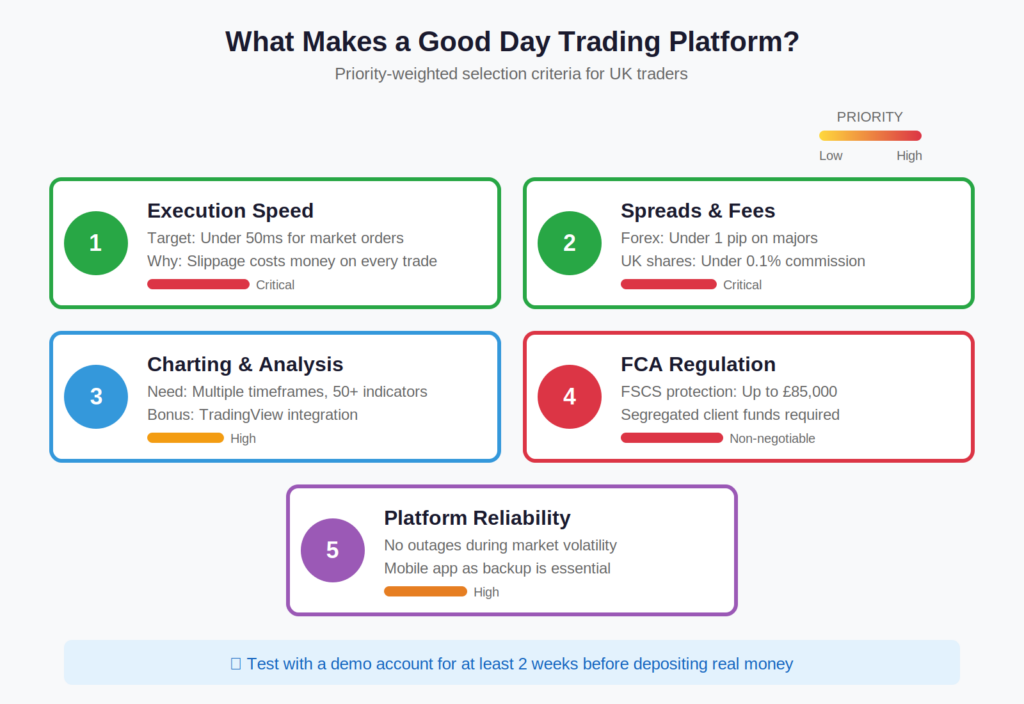 Day trading platform comparison checklist for UK traders showing five selection criteria ranked by priority: execution speed under 50ms (critical), spreads under 1 pip on forex (critical), charting and analysis tools (high), FCA regulation with £85,000 FSCS protection (non-negotiable), and platform reliability (high).