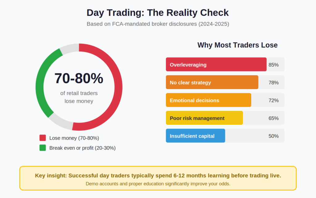 Chart showing 70-80% of UK retail day traders lose money, with breakdown of common reasons: overleveraging (85%), no trading strategy (78%), emotional decisions (72%), poor risk management (65%), and insufficient capital (50%). Based on FCA broker disclosure data.