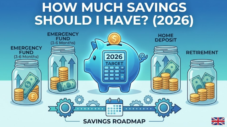 A conceptual illustration of stacked British pound coins and a piggy bank against a professional blue background, representing UK savings benchmarks and emergency fund targets for 2026