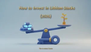 A balanced scale shows blue lithium batteries on one side and a gold coin growing into a plant on the other. Text reads "How to Invest in Lithium Stocks (2026)."