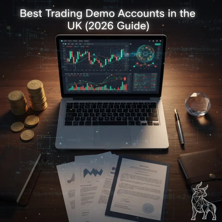 A top-down professional financial flat lay on a dark polished wood desk featuring a laptop displaying vibrant candlestick charts, stacks of gold coins, business documents, a fountain pen, and a crystal. The image prominently features the text "Best Trading Demo Accounts in the UK (2026 Guide)" with a subtle mathematical and digital ecosystem overlay, and the Investors Centre logo watermarked in the corner.