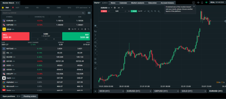 Desktop trading platform showing market watchlist with forex, indices