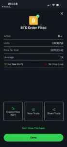 Screenshot showing my eToro Bitcoin order filled confirmation with purchase details, price per unit, and order completion status in January 2026.