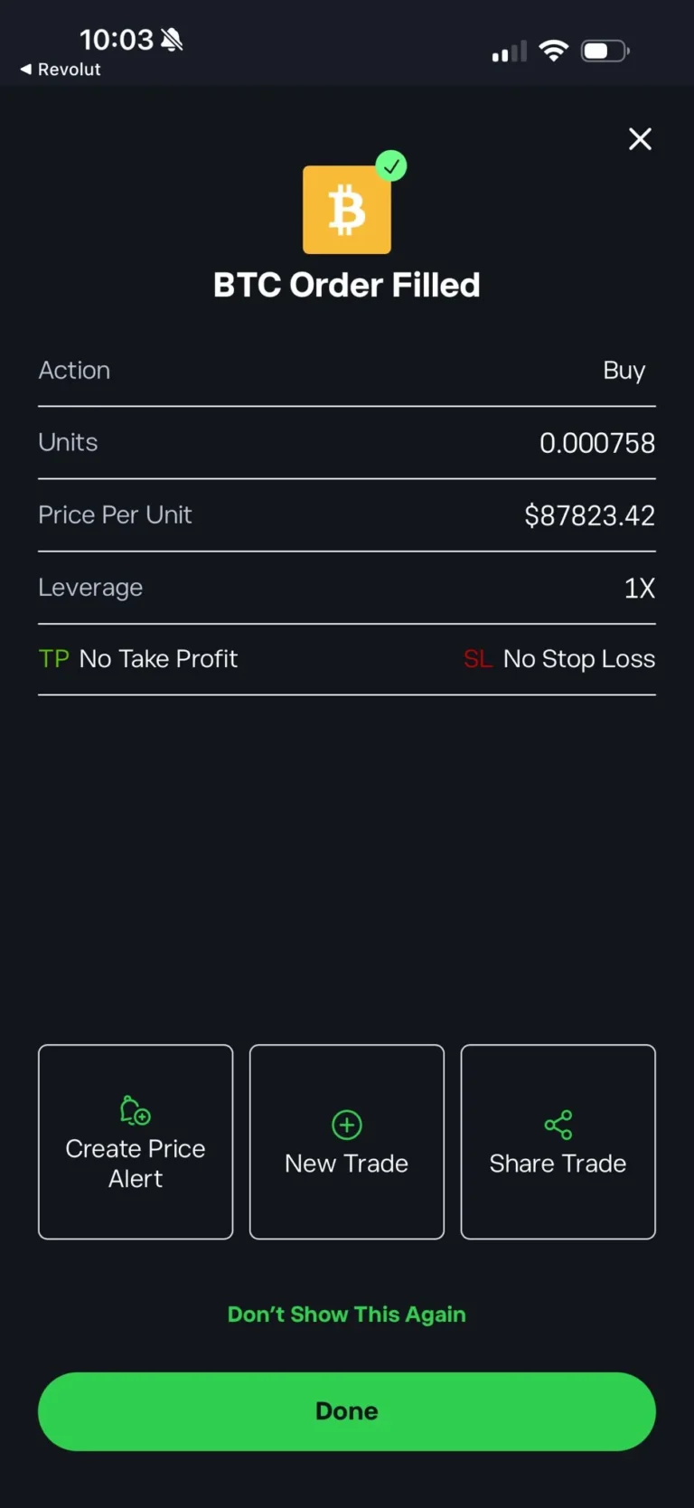 Screenshot showing my eToro Bitcoin order filled confirmation with purchase details, price per unit, and order completion status in January 2026.