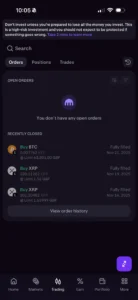 Image showing my Kraken open orders page indicating no active orders and a list of recently completed cryptocurrency trades in January 2026.