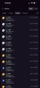 Screenshot of my Kraken account trade history displaying completed Bitcoin and XRP trades with prices and dates visible in January 2026.