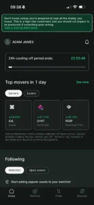 Bitpanda Mobile trading app screen showing crypto top movers, watchlist options and a 24-hour cooling-off timer from January 27th 2026 testing.