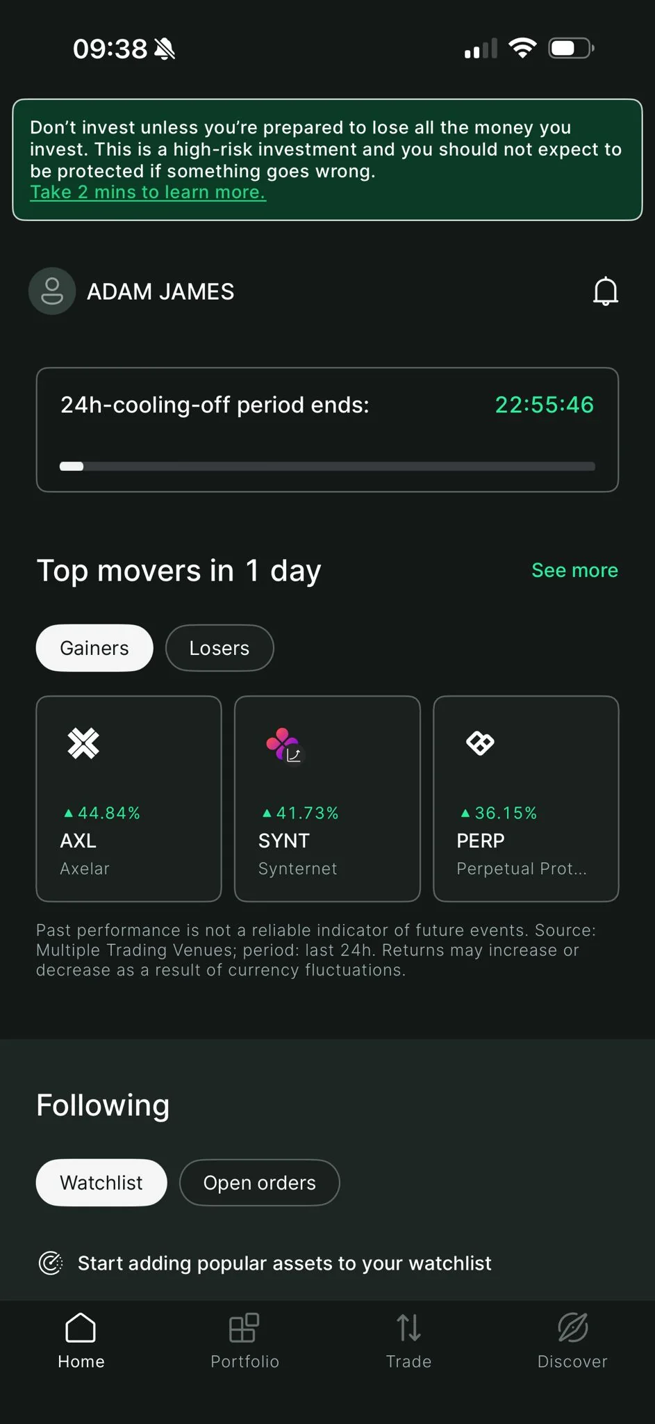 Bitpanda mobile trading app screen showing crypto top movers, watchlist options and a 24-hour cooling-off timer from January 2026 testing.