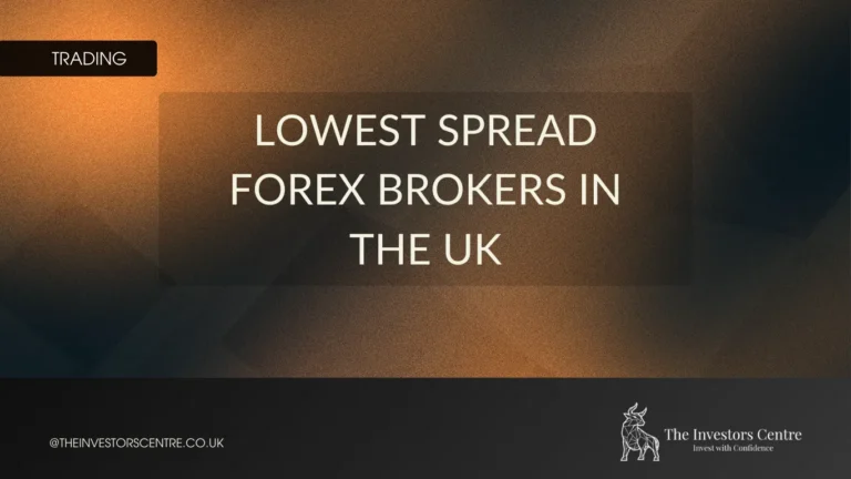 Banner image reading “Lowest Spread Forex Brokers in the UK” on a dark gold textured background.