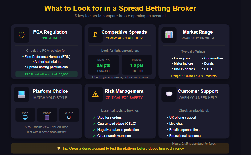 Diagram explaining spread betting risks, showing how leverage magnifies gains and losses, UK retail leverage limits, and protections like negative balance protection and FSCS cover