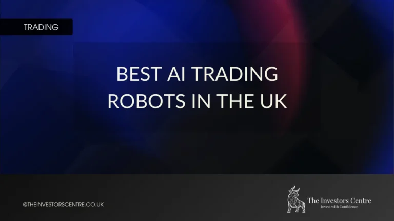 Banner reading “Best AI Trading Robots in the UK” with dark gradient background and Investors Centre branding.