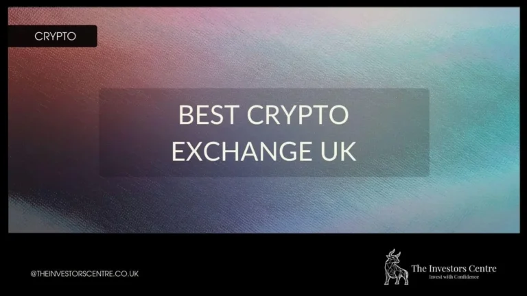 best crypto exchange in the UK text on a multi colour background with the investors centre bull logo prominent