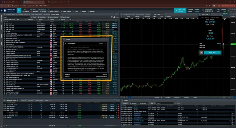CMC Markets platform with account netting settings shown while placing a gold spread bet hedge.