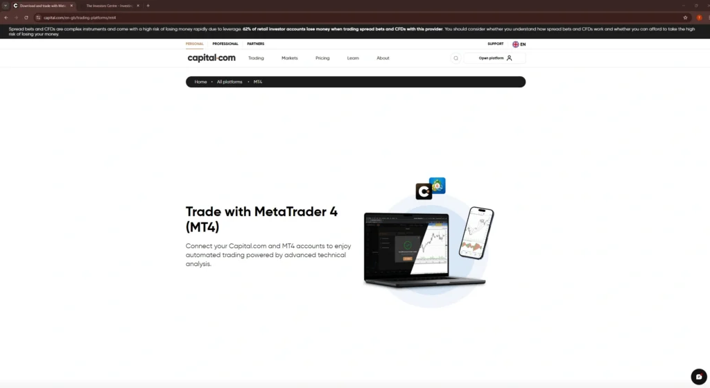 Capital.com MetaTrader 4 platform page showing the MT4 connection screen with desktop and mobile trading views and the option to link a Capital.com account to MT4 for automated trading