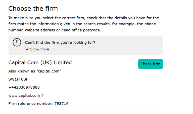 FCA register result showing Capital Com (UK) Limited with firm reference number and contact details.