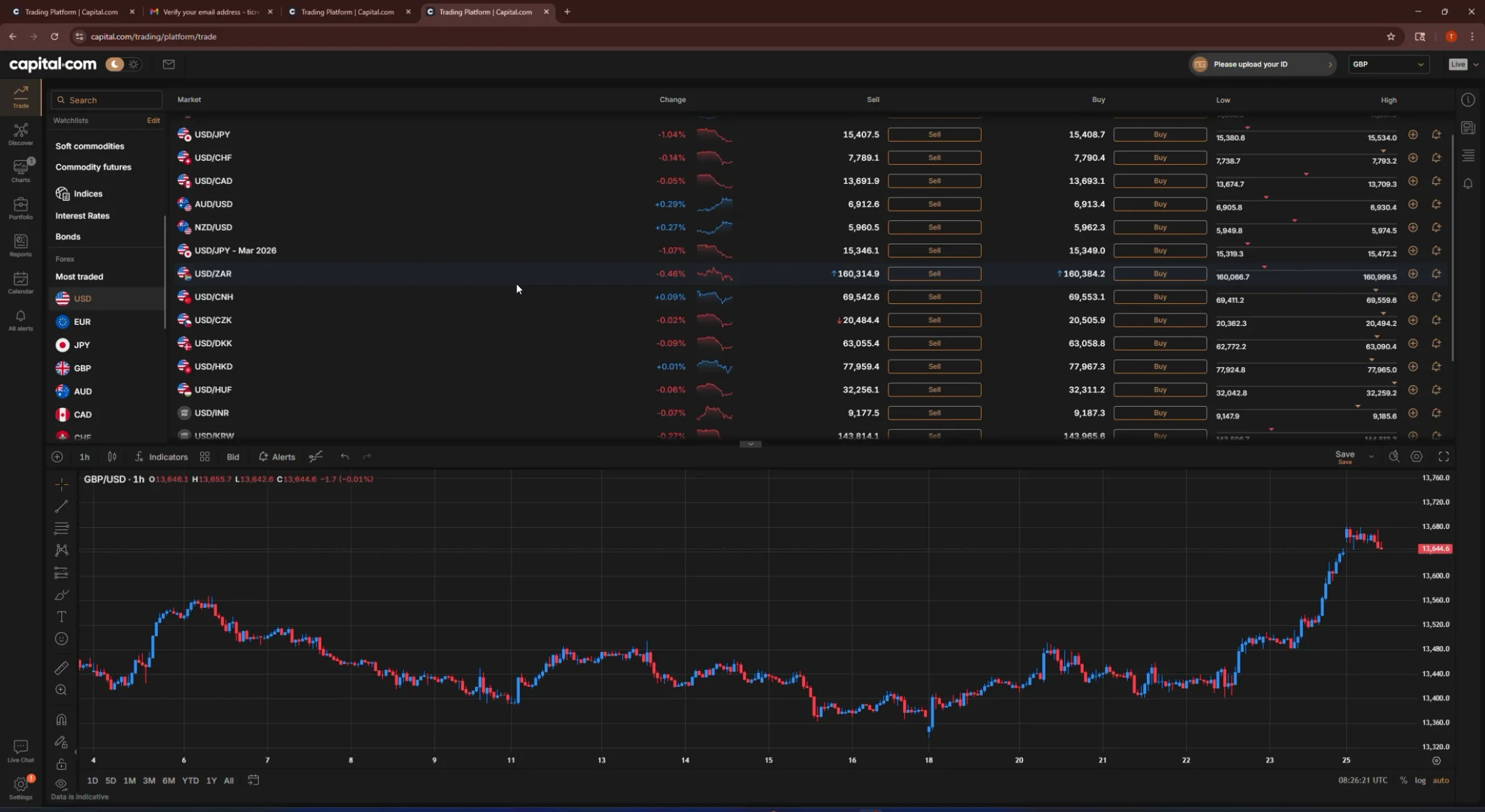 Capital.com desktop trading platform showing a forex watchlist and a GBP/USD candlestick price chart