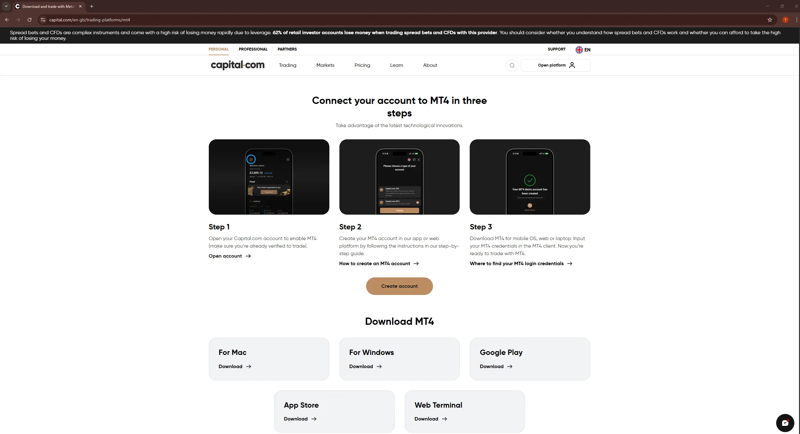 Screenshot of Capital.com webpage explaining how to connect an account to MetaTrader 4 in three steps