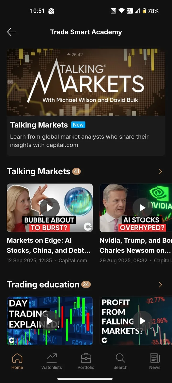 Smartphone screen showing the Capital.com app with educational videos, market analysis, and trading content sections