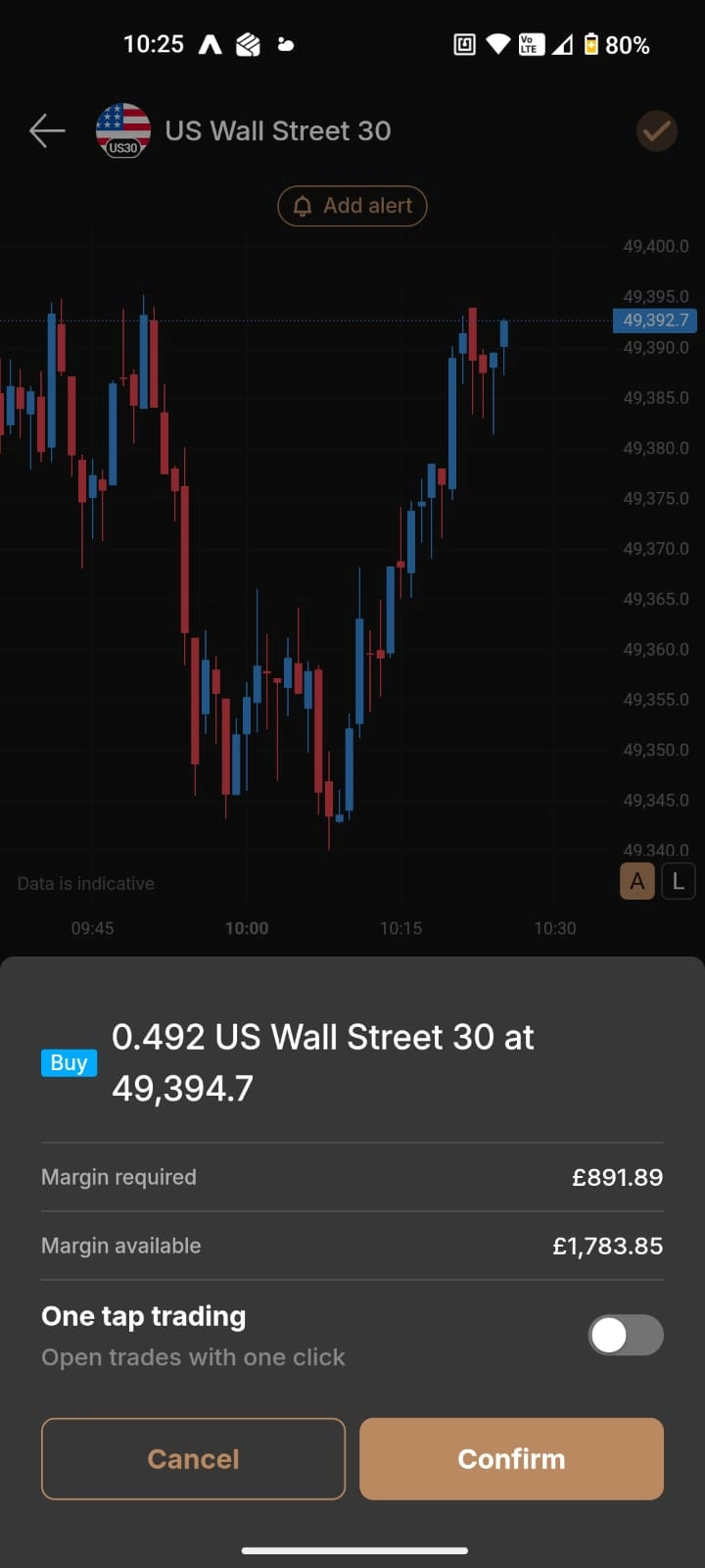 Screenshot of Capital.com mobile app showing US Wall Street 30 chart and trade confirmation panel with margin details