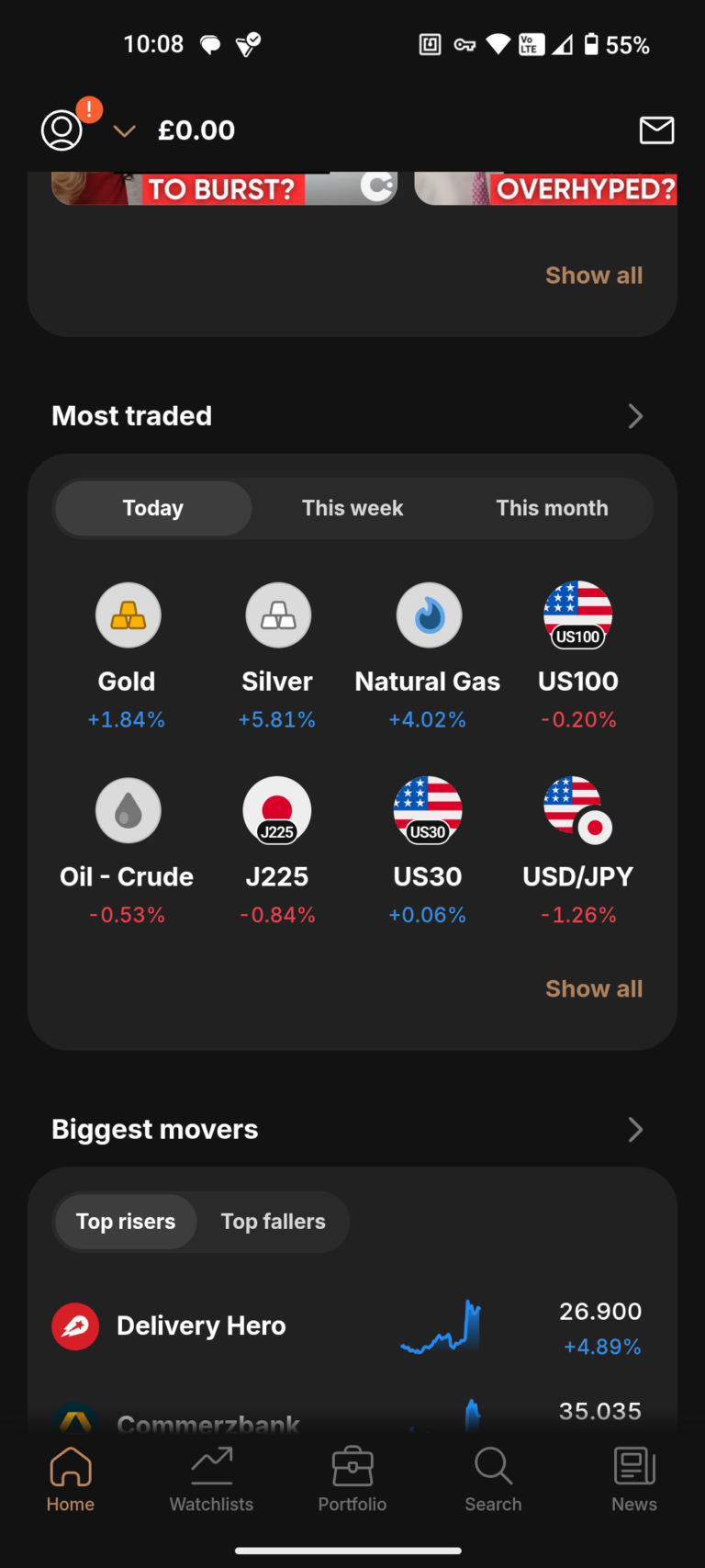 Capital.com mobile app home screen captured during live use, showing most traded markets including gold, silver, natural gas, indices, and forex pairs with real-time percentage changes.
