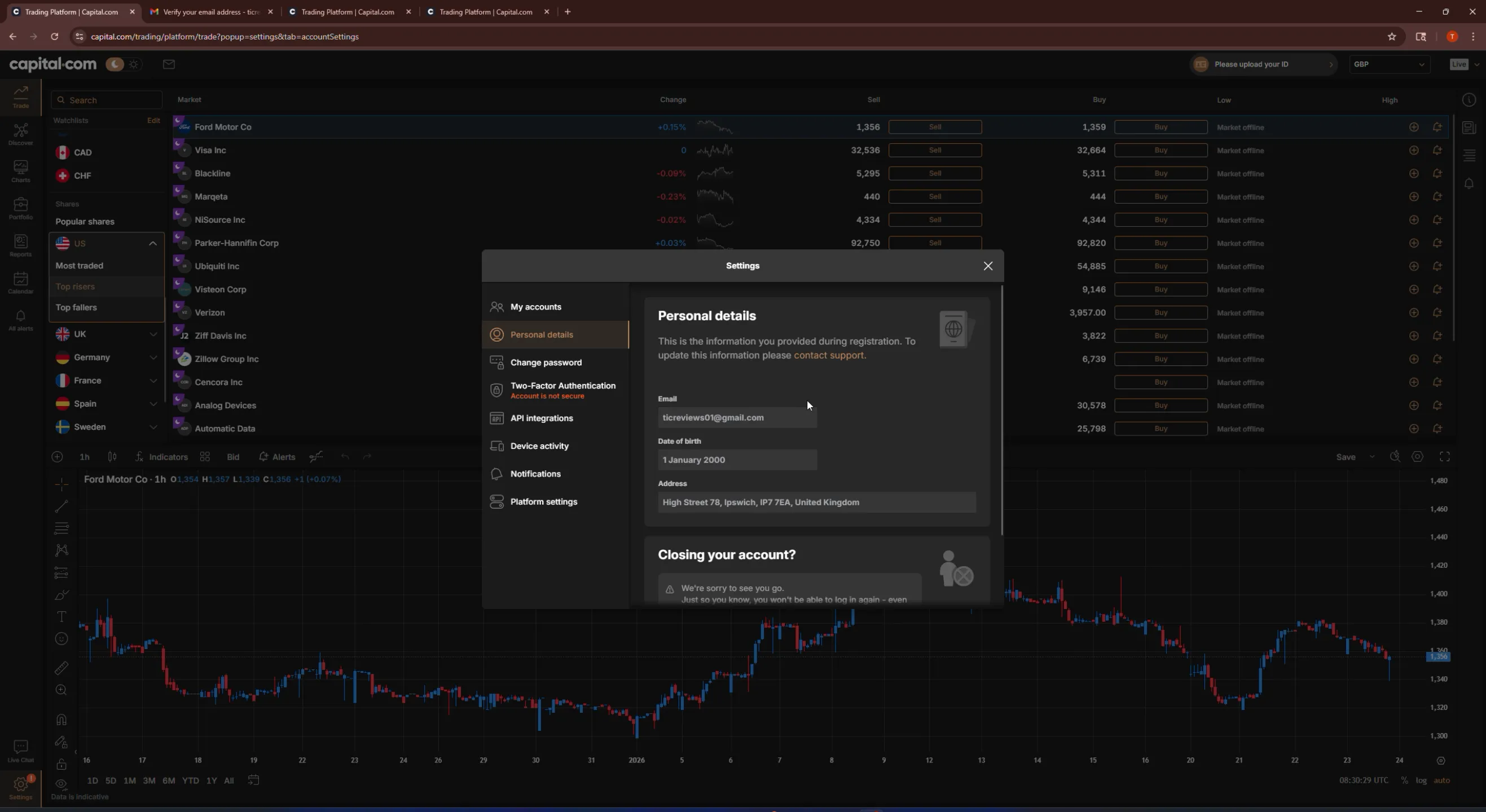 Capital.com account settings panel opened during platform use, showing personal details and security options.