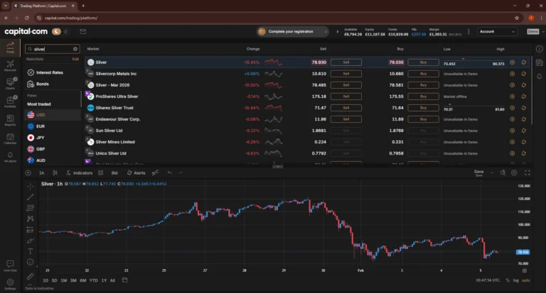 Capital.com silver trading ticket showing Buy price 78.979, position size 843.2 troy ounces and margin required £4,898.35 before placing the trade