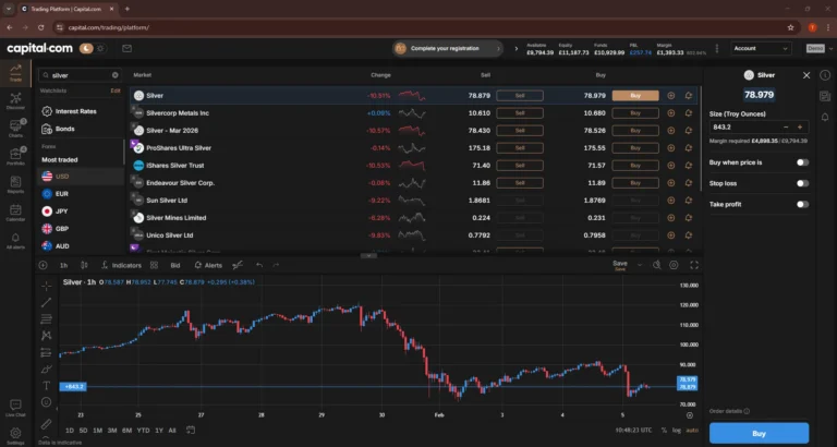 Capital.com platform search results for “silver” showing Silver at 78.930 with buy and sell prices and the 1-hour silver price chart below