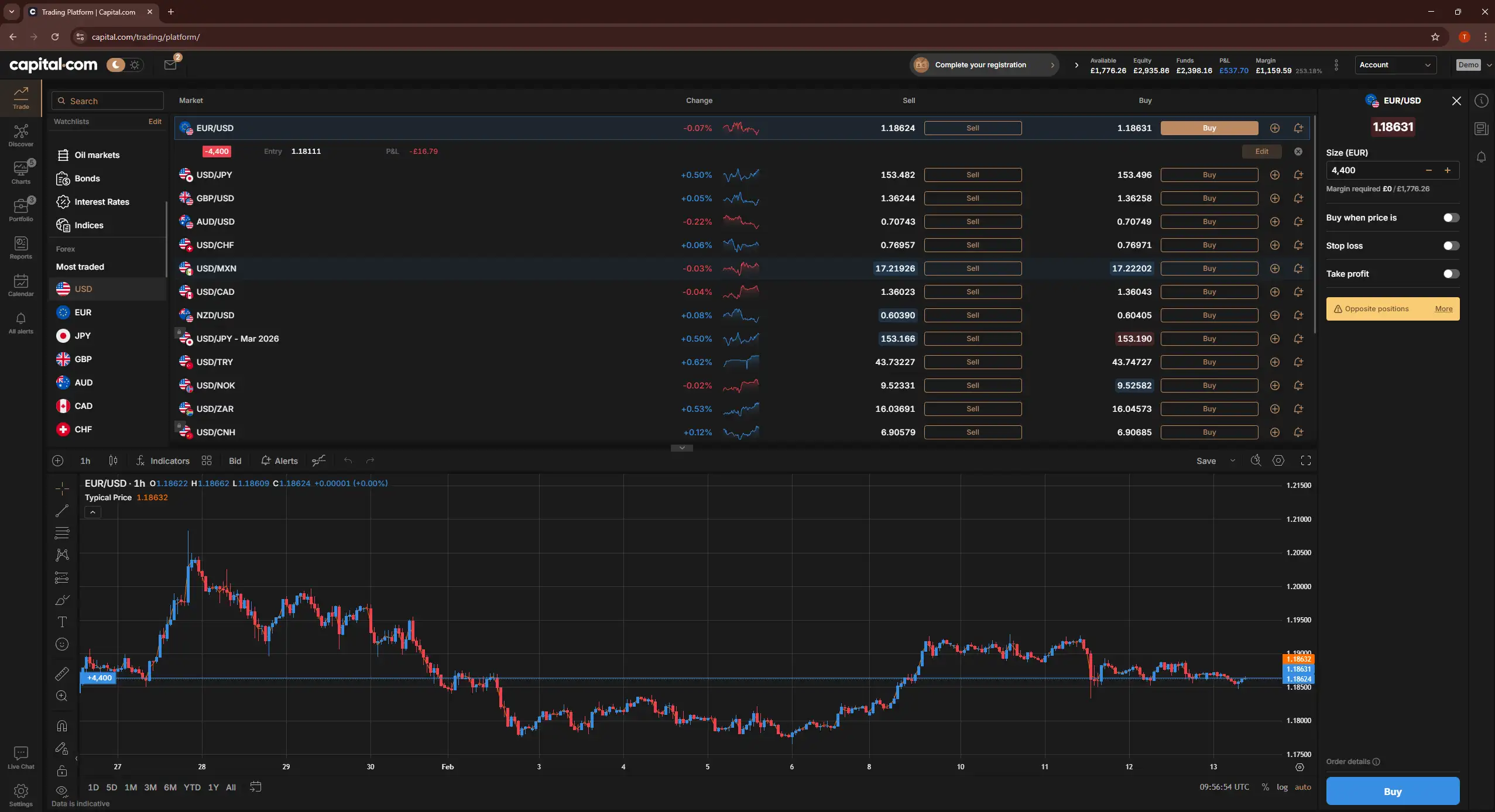 Screenshot of Capital.com web trading platform showing forex watchlist, EUR/USD chart, and order entry panel